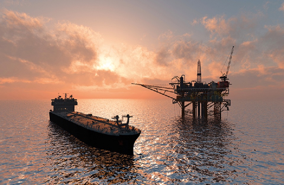 Ship anchored off an oil platform